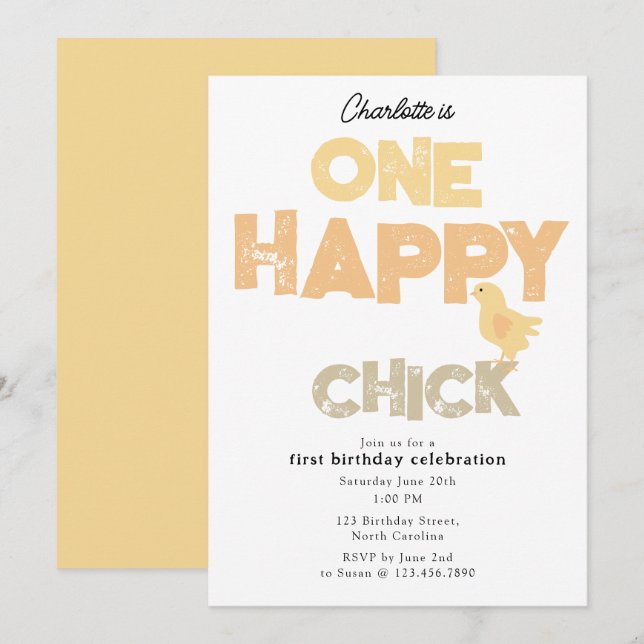 Convites One Happy Chick Invite 1st Baby Chicken Birthday (Frente/Verso)