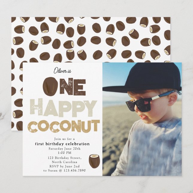 Convites One Happy Coconut 1st Summer Birthday Photo (Frente/Verso)