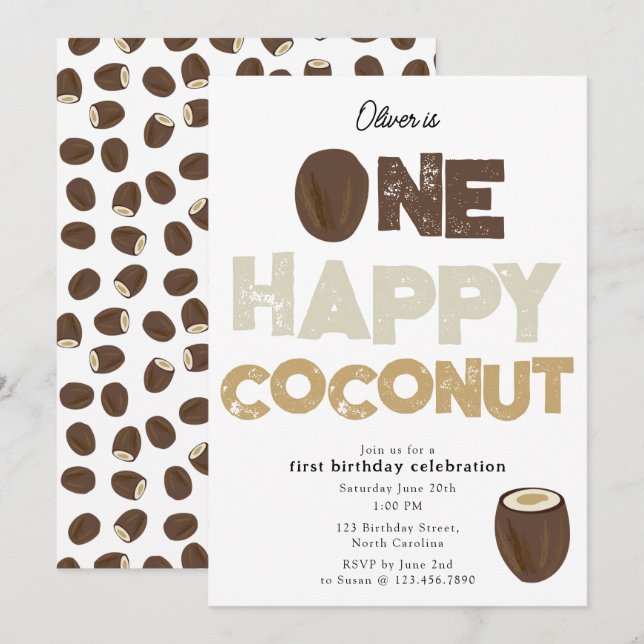 Convites One Happy Coconut Invite 1st Summer Birthday (Frente/Verso)