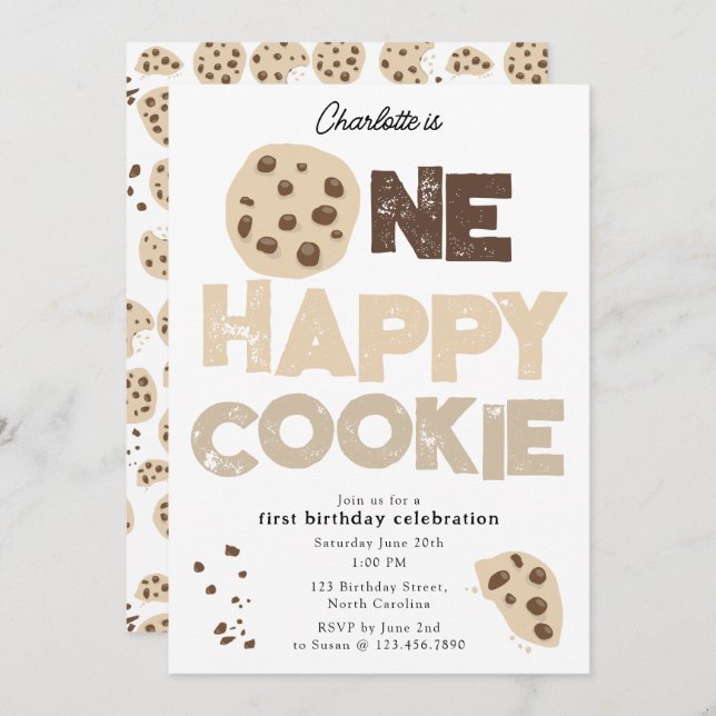 Convites One Happy Cookie Invite 1st  First Birthday Cute (Frente/Verso)