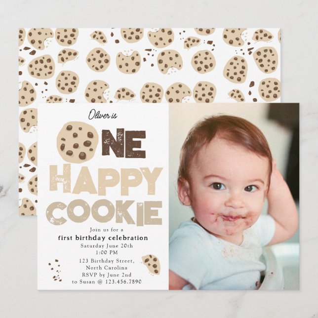 Convites One Happy Cookie Invite 1st  First Birthday Photo (Frente/Verso)