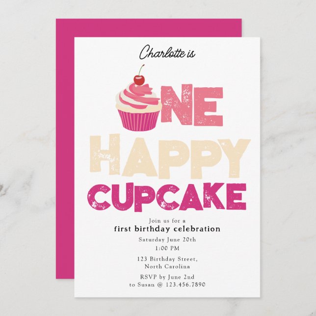Convites One Happy Cupcake Invite 1st First Birthday Cute (Frente/Verso)