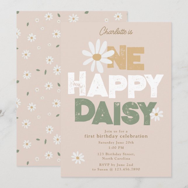 Convites One Happy Daisy Invite 1st  First Birthday Cute (Frente/Verso)