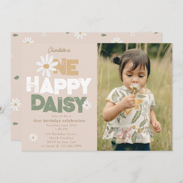 Convites One Happy Daisy Invite 1st  First Birthday Photo (Frente/Verso)