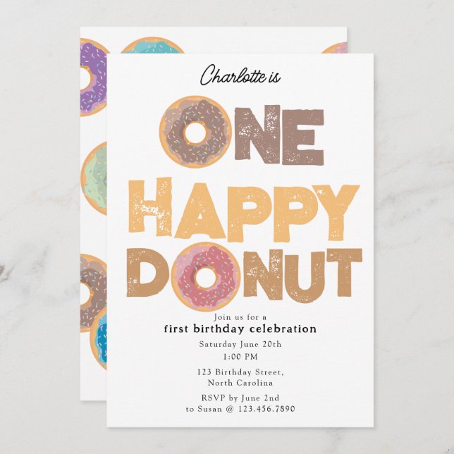 Convites One Happy Donut Invite 1st  First Birthday Cute (Frente/Verso)