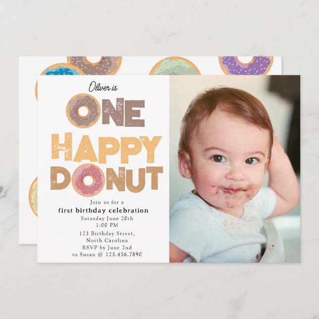 Convites One Happy Donut Invite 1st  First Birthday Photo (Frente/Verso)
