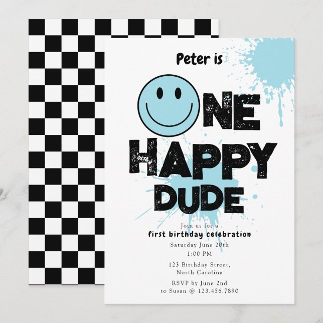 Convites One Happy Dude Invite 1st First Birthday Boy Blue (Frente/Verso)