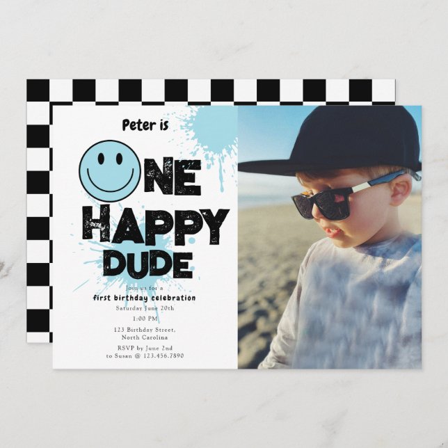 Convites One Happy Dude Invite 1st First Birthday Boy Photo (Frente/Verso)