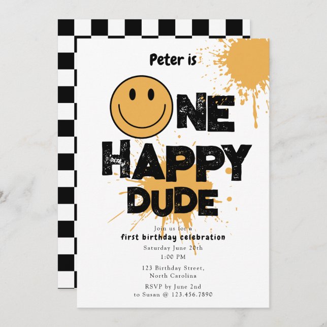Convites One Happy Dude Invite 1st First Birthday Cute Boy (Frente/Verso)