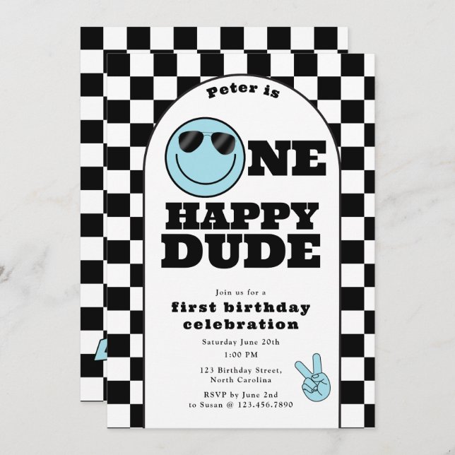 Convites One Happy Dude Invite 1st First Birthday Cute Boy (Frente/Verso)