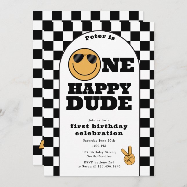 Convites One Happy Dude Invite 1st First Birthday Cute Boy (Frente/Verso)