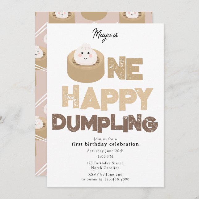 Convites One Happy Dumpling Invite 1st  First Birthday Cute (Frente/Verso)