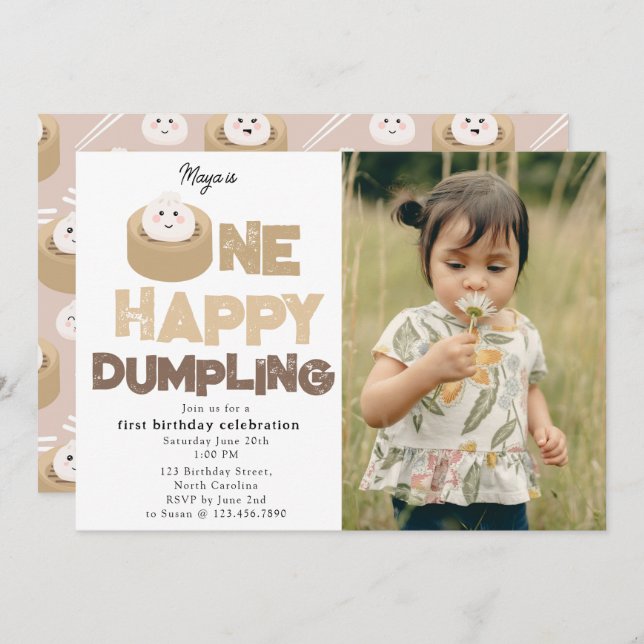 Convites One Happy Dumpling Invite 1st First Birthday Photo (Frente/Verso)