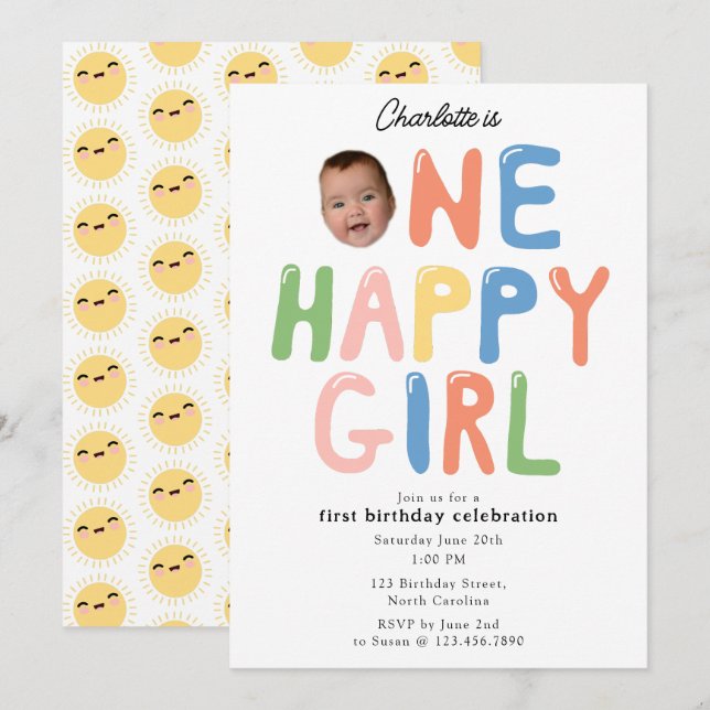 Convites One Happy Girl Birthday Invite 1st Birthday Photo (Frente/Verso)