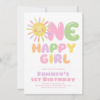 Convites One Happy Girl Sun 1st Birthday Colorful