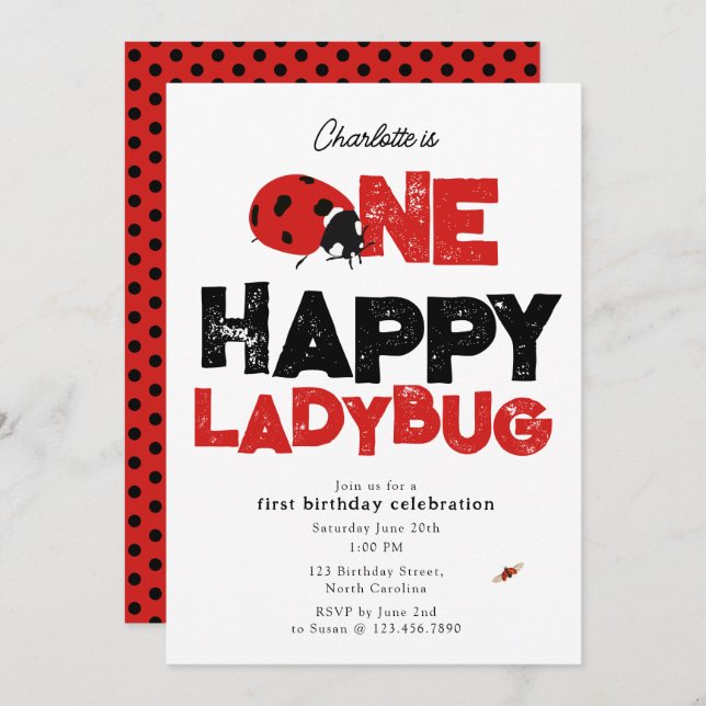 Convites One Happy Ladybug Invite 1st First Birthday Cute (Frente/Verso)
