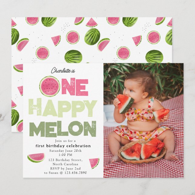 Convites One Happy Melon 1st Summer Birthday Photo (Frente/Verso)