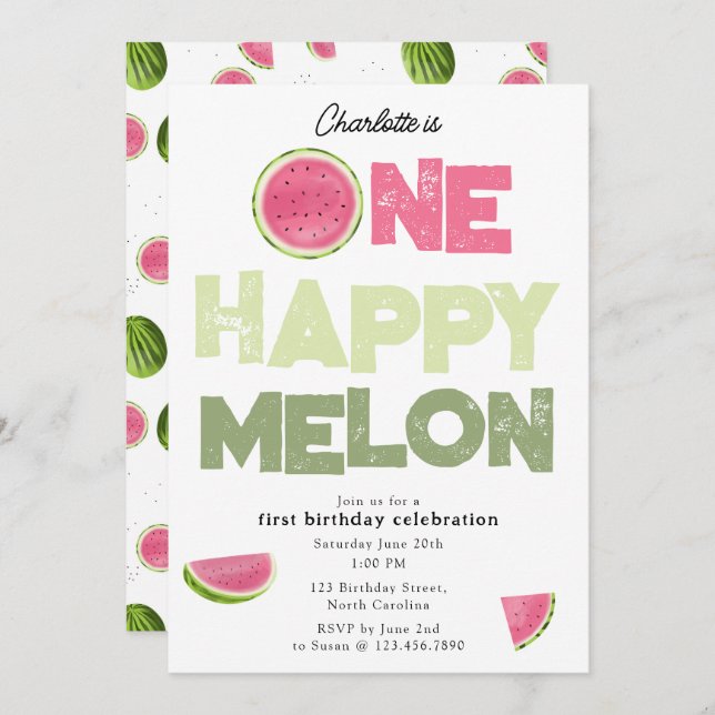 Convites One Happy Melon Invite 1st Summer Birthday (Frente/Verso)