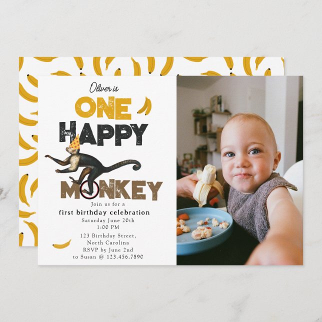 Convites One Happy Monkey Cute 1st First Birthday Photo (Frente/Verso)