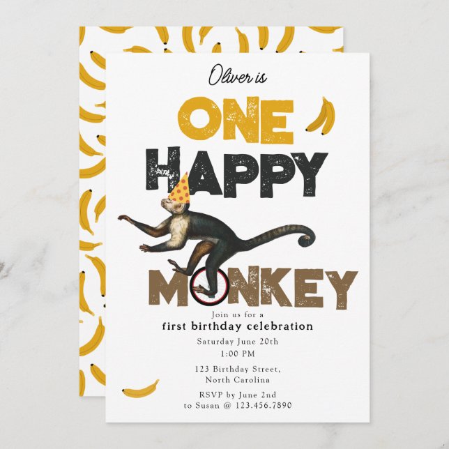 Convites One Happy Monkey Cute Invite 1st First Birthday (Frente/Verso)