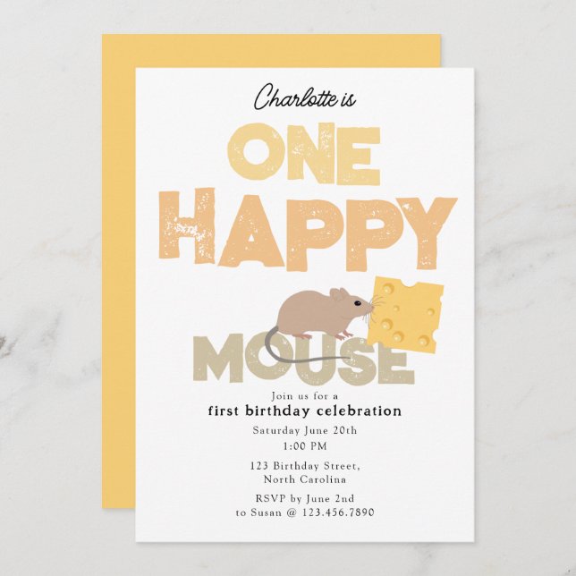 Convites One Happy Mouse Invite 1st Cute Birthday (Frente/Verso)