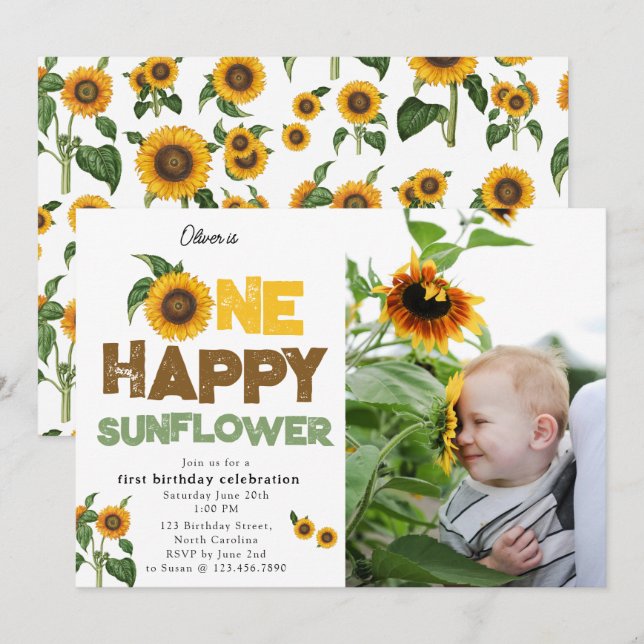 Convites One Happy Sunflower 1st Summer Birthday Photo (Frente/Verso)