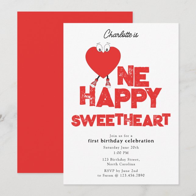Convites One Happy Sweetheart Invite 1st Girl Birthday (Frente/Verso)