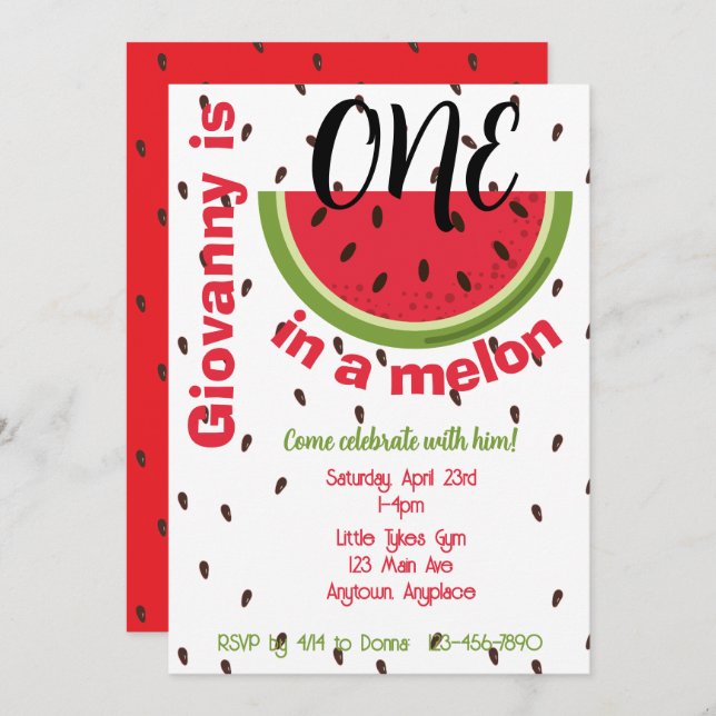 Convites One in a Melon 1st Birthday Party (Frente/Verso)