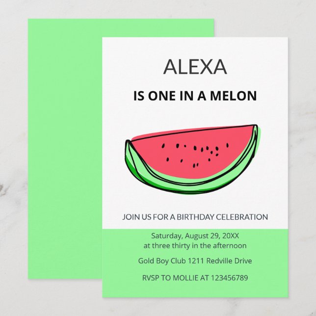 Convites One in a Melon 1st Birthday Watermelon Birthday (Frente/Verso)