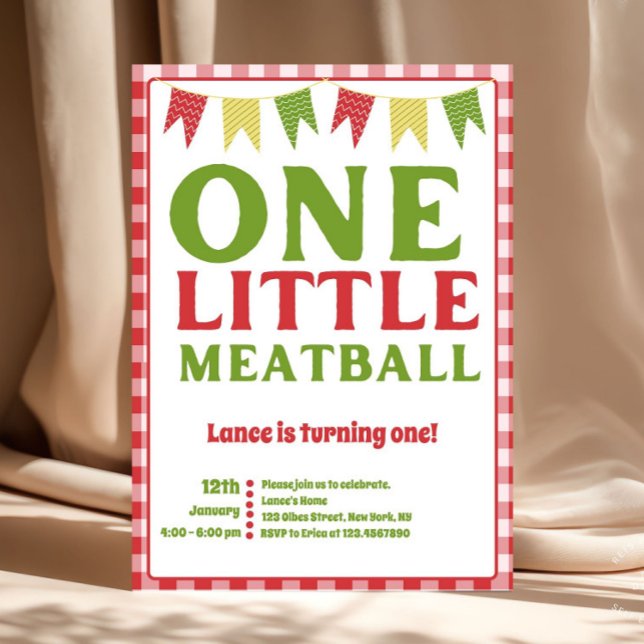 Convites One Little Meatball First Birthday Invitation (One Little Meatball First Birthday Invitation | Italian Theme Birthday Party | Red & Green Pasta Par)