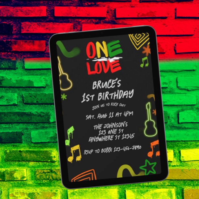 Convites One Love Music Black Red Gold Green 1st Birthday (Criador carregado)