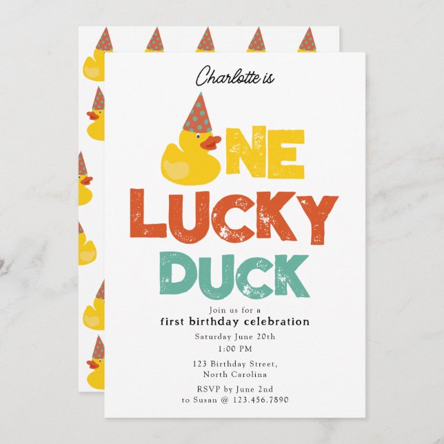 Convites One Lucky Duck Invite 1st  First Birthday Cute (Frente/Verso)