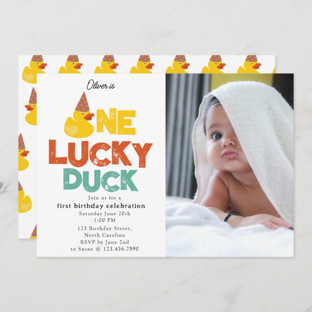 Convites One Lucky Duck Invite 1st  First Birthday Photo (Frente/Verso)