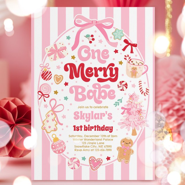 Convites One Merry Babe Christmas Coquette Bow 1st Birthday (Criador carregado)
