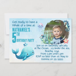 Convites One Photo Whale 5th Birthday  Party Invitation