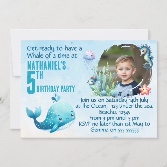 Convites One Photo Whale 5th Birthday  Party Invitation (Frente)