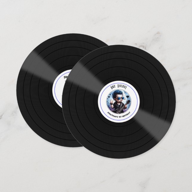 Convites "One Rocks!" Disco de Vinil Estrela do Rock Aniver (Frente/Verso)