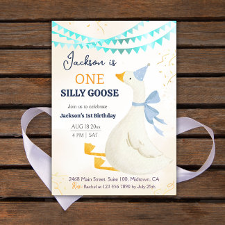 Convites One silly goose 1st birthday blue cool cute boy