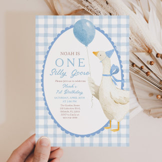 Convites One Silly Goose 1st Birthday: Blue Gingham 