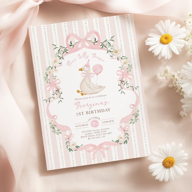 Convites One Silly Goose 1st Birthday Invitation, Pink Bow  (Criador carregado)