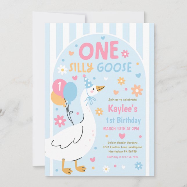 Convites One Silly Goose 1st Birthday Party Spring Birthday (Frente)