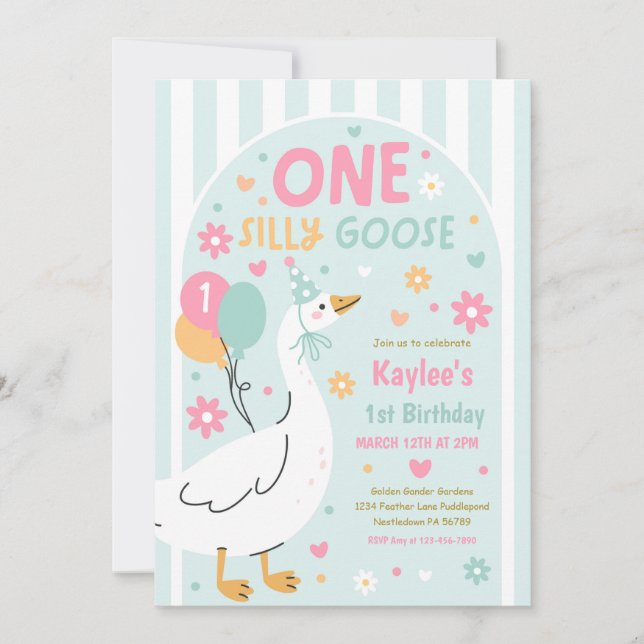 Convites One Silly Goose 1st Birthday Party Spring Birthday (Frente)