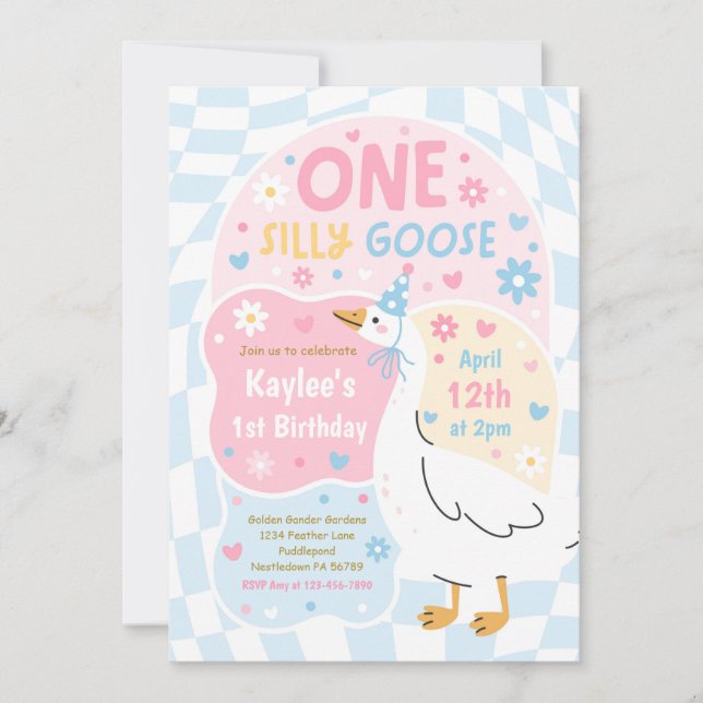 Convites One Silly Goose 1st Birthday Party Spring Birthday (Frente)