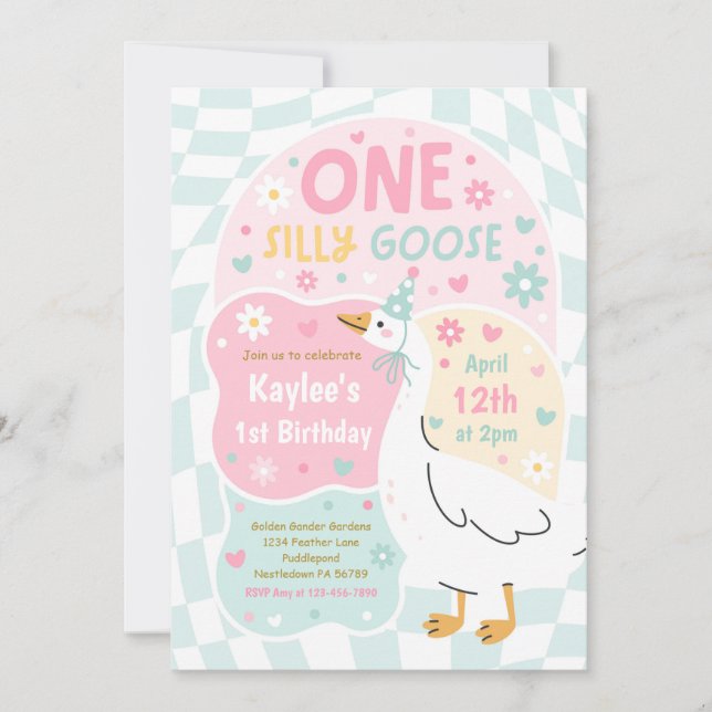 Convites One Silly Goose 1st Birthday Party Spring Birthday (Frente)