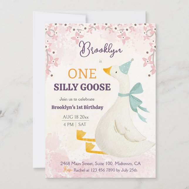 Convites One silly goose 1st birthday pink floral girl cute (Frente)