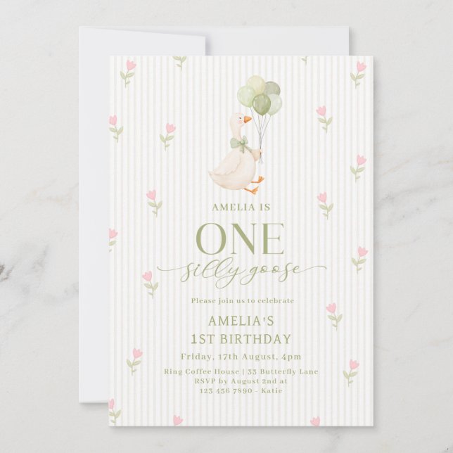 Convites One Silly Goose Balloons Floral 1st Birthday (Frente)