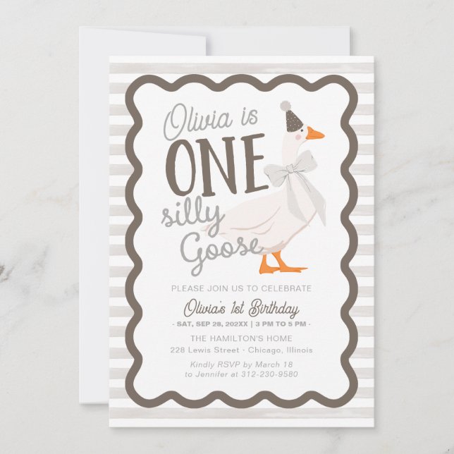 Convites One Silly Goose Beige Bow 1st Birthday (Frente)