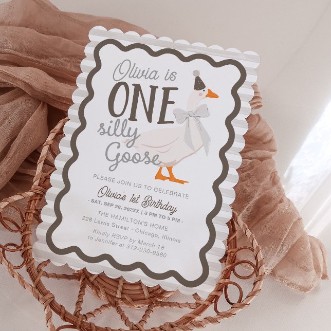 Convites One Silly Goose Beige Bow 1st Birthday (Criador carregado)