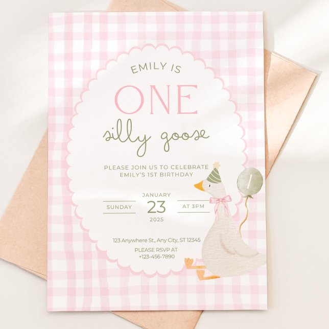 Convites One Silly Goose Birthday Invite Pink Gingham First (Criador carregado)