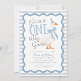 Convites One Silly Goose Blue Bow 1st Birthday